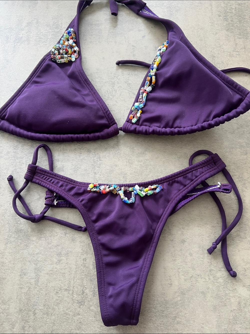 Purple Beaded Triangle Bikini Top & Bottom Set